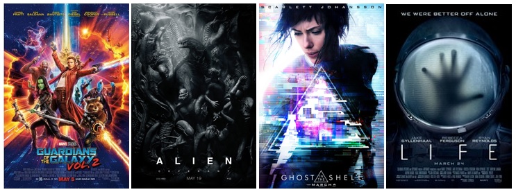 Left to right: Guardians of the Galaxy Volume 2, Alien: Covenant, Ghost in the Shell, and Life. Google images.