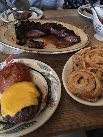 Steak, burger, and onion rings at Peter Luger in Williamsburg.