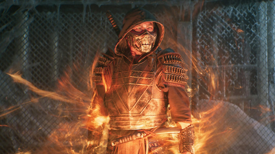 Still image of the fire wielding Scorpion in Mortal Kombat