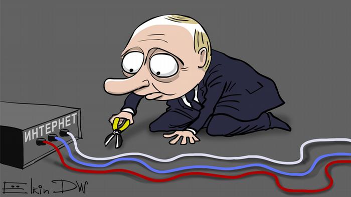 Russian caricature by Sergey Elkin of Putin cutting the wires to the internet