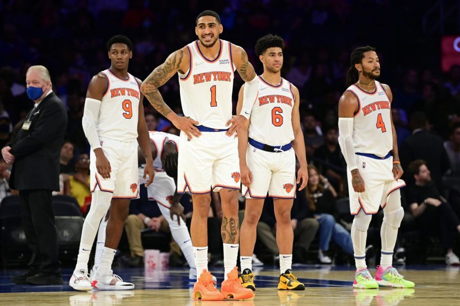 (Left to right) Knicks SF RJ Barrett, PF Obi Toppin, SG Quentin Grimes, and PG Derrick Rose