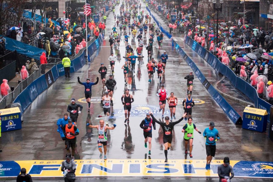 The runners on the final straight on Boylston street of the Boston Marathon