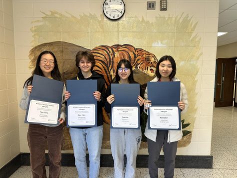 NCTE Achievement Awards in Writing Contest winners, Helen Hui, Arpi Halajian, Jackie Yan, and Heeseo Yoon.