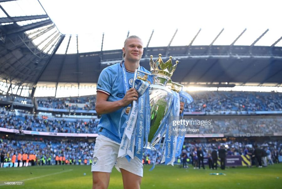 Manchester City’s Erling Haaland celebrates his first Premier League title. 
(Photo by Michael Regan/Getty Images)