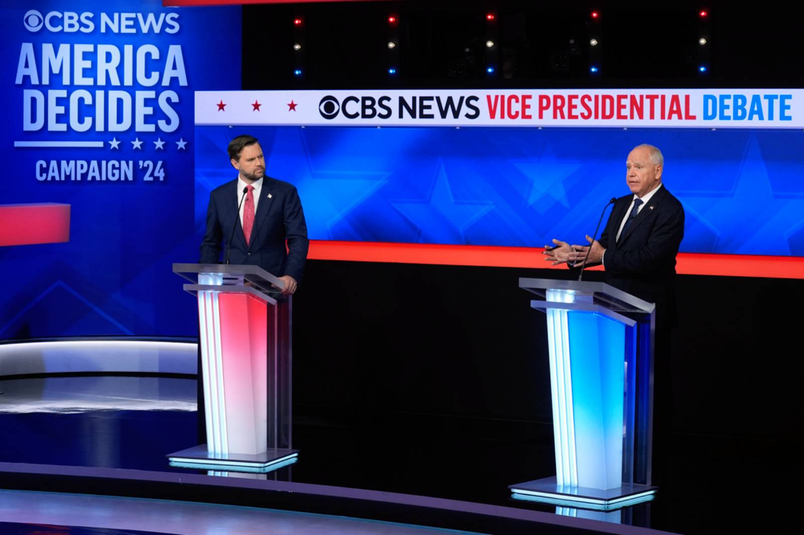 Democratic vice presidential nominee Minnesota Gov. Tim Walz speaks during a vice presidential debate hosted by CBS News, with Republican vice presidential nominee Sen. JD Vance, R-Ohio, Tuesday, Oct. 1, 2024, in New York. (AP Photo/Matt Rourke)