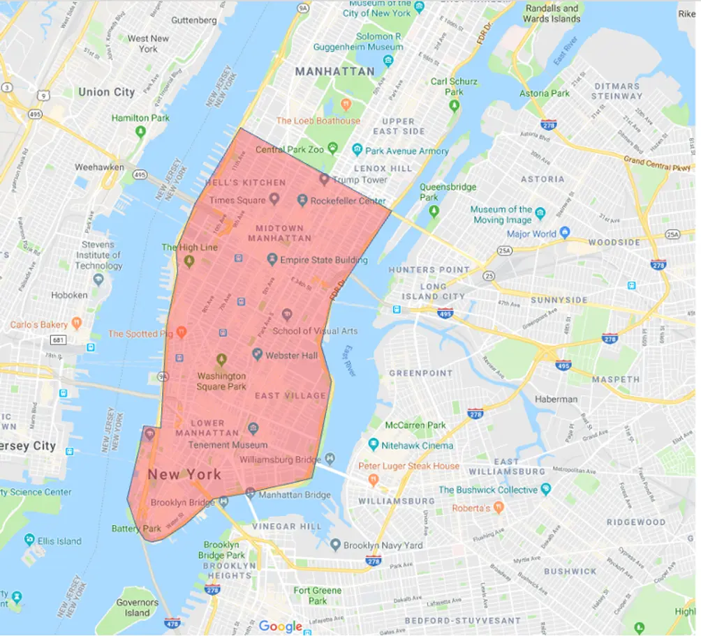 Above shows the zone affected by congestion pricing in Manhattan, NYC. Any vehicles driving below 60th Street will pay a fee. 