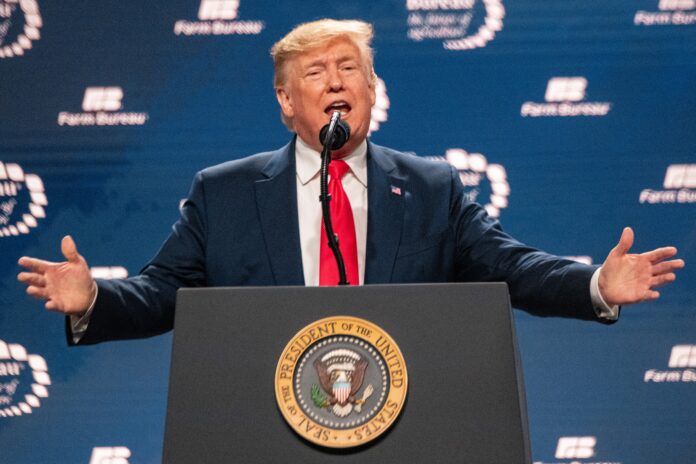 U.S. President Donald Trump at the 101st American Farm Bureau Federation (AFBF) Annual Convention and Trade Show on Jan 19, 2020, in Austin, TX. Other government officials include USDA Secretary Sonny Perdue, Senate Agriculture Chairman Pat Roberts (R-Kan.) and Sen. Jerry Moran (R-Kan.).

More:

 USDA Photo By Lance Cheung. Original public domain image from Flickr