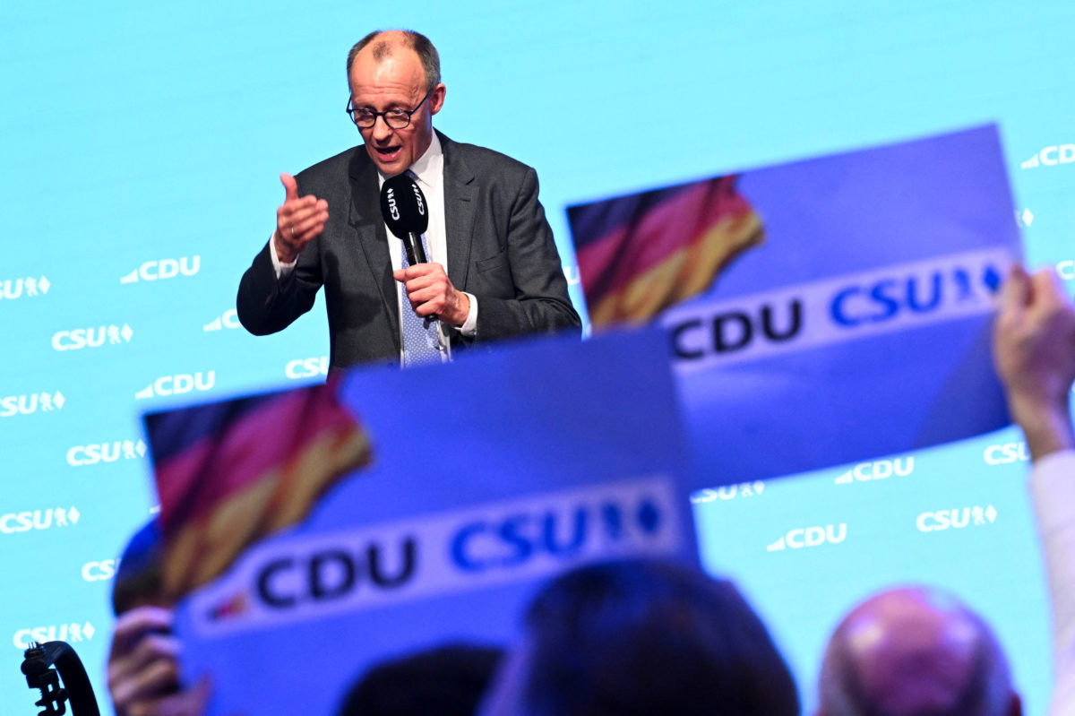 Friedrich Merz, Christian Democratic Union (CDU) party candidate for chancellor, speaks at a final rally in Munich beer hall