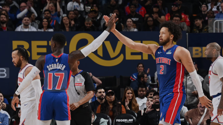 Cade Cunningham and Dennis Schröder playing against the New York Knicks
