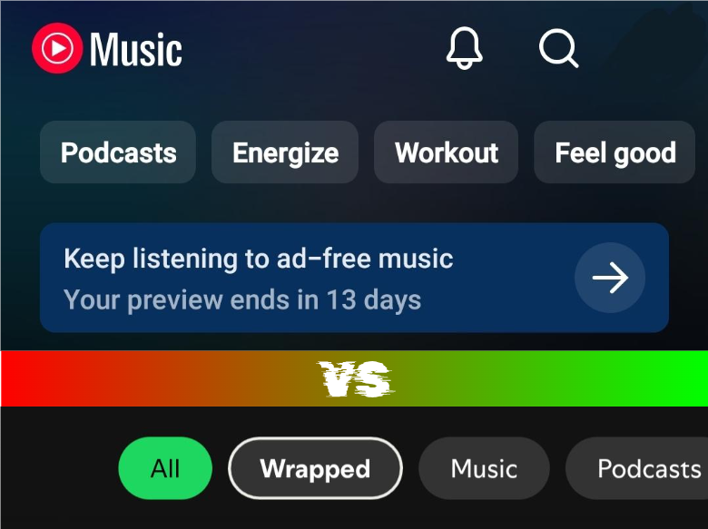 My YouTube Music Premium Trial app banner versus my Spotify's (profile pictures redacted) 