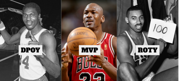 Namesakes for Each Award (Hakeem Olajuwon, Michael Jordan, Wilt Chamberlain)