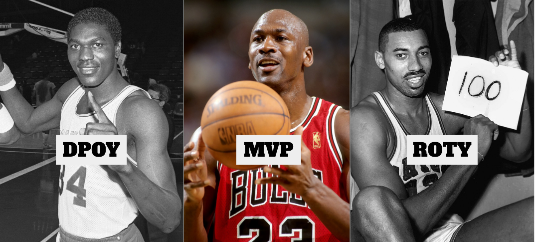 Namesakes for Each Award (Hakeem Olajuwon, Michael Jordan, Wilt Chamberlain)